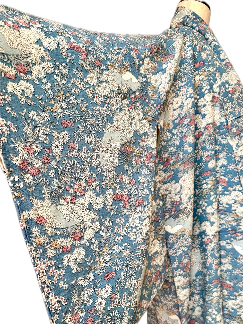 Vintage Original Blue Kimono Floral Print Maxi Dress with Butterfly Sleeves